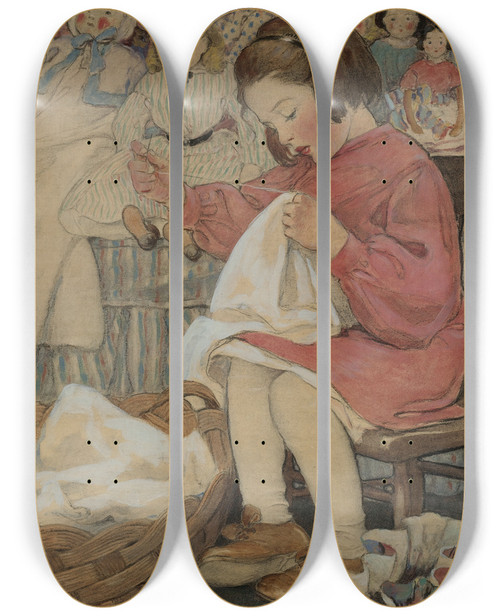 Triptych art skateboard deck of Jessie Willcox Smith How Doth The Little Busy Bee by Jessie Willcox Smith (1863-1935)