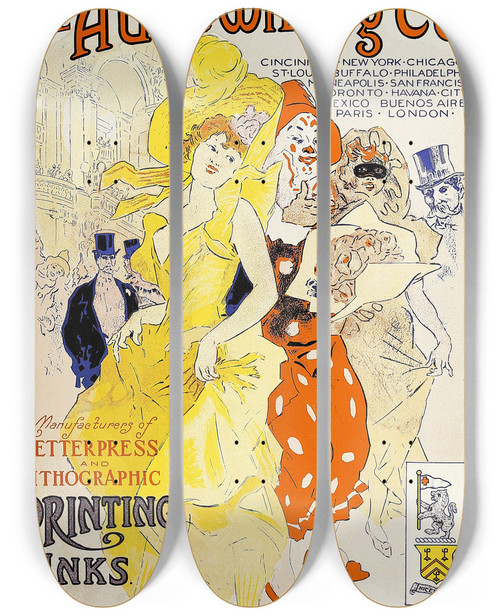 Triptych art skateboard deck of Jules Chret Ault And Wiborg Ad 042 by Jules Cheret (1836-1932)