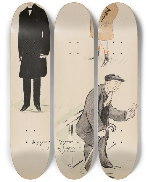 Triptych art skateboard deck of Georges Goursat Sem Comte Louis De Clermond Tonnerre Le Jockey French Et Meunier Exjockey by Georges Goursat (Sem) (1863-1934)