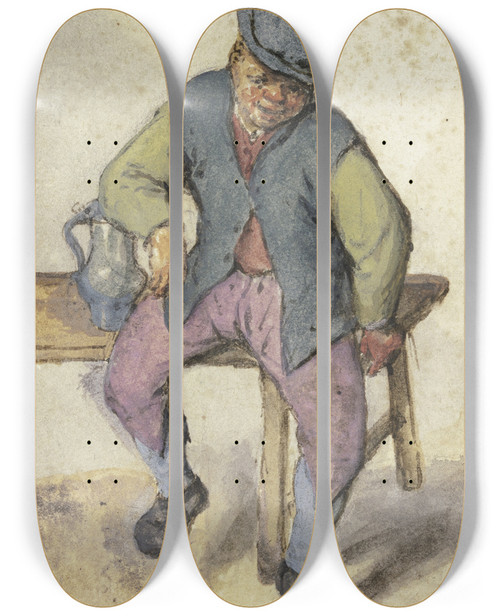 Triptych art skateboard deck of Adriaen Van Ostade Auf Einem Tisch Sitzender Bauer by Adriaen Van Ostade (1610-1684)