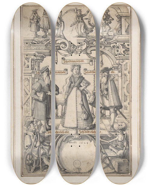 Triptych art skateboard deck of Hans Ganting The Younger Design For Stained Glass by Hans Ganting the Younger (1586-1634)