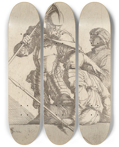 Triptych art skateboard deck of Salvator Rosa Two Soldiers One In Helmet And Bearded by Salvator Rosa (1615-1673)