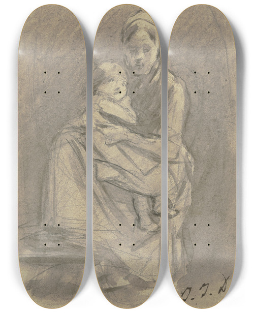 Triptych art skateboard deck of Jakob Frchtegott Dielmann Eine Frau Hlt Ein Kind Auf Dem Scho Der Kopf Nach Vorne Der Krper Nach Links Gewendet by Jakob Furchtegott Dielmann (1809-1885)