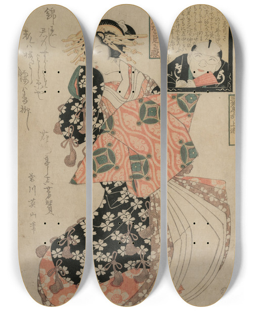 Triptych art skateboard deck of Kikukawa Eizan Eyes For Looking At A Courtesan by Kikukawa Eizan (1787-1867)