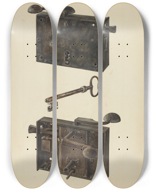 Triptych art skateboard deck of Angelo Bulone Zoar Lock W Key by Angelo Bulone