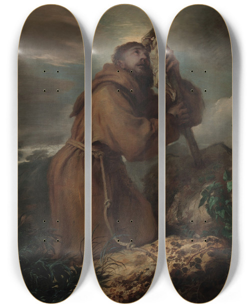 Triptych art skateboard deck of Giovanni Benedetto Castiglione Saint Francis In Ecstasy by Giovanni Benedetto Castiglione (1609-1664)