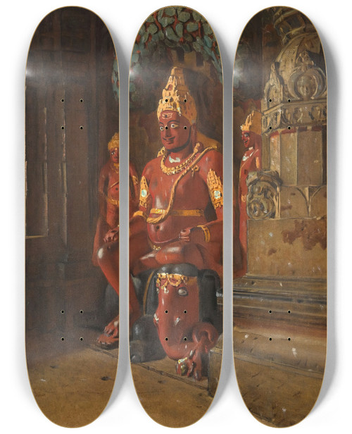 Triptych art skateboard deck of Vasily Vereshchagin Statue Of Vishnu At The Temple Of Indra At Ellora by Vasily Vereshchagin (1842-1904)