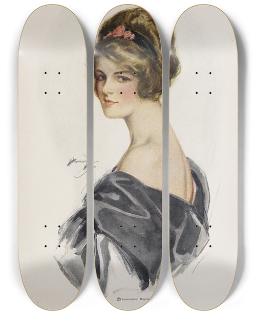 Triptych art skateboard deck of Harrison Fisher Harrison Fisher Girls Pl8 by Harrison Fisher (1877-1934)
