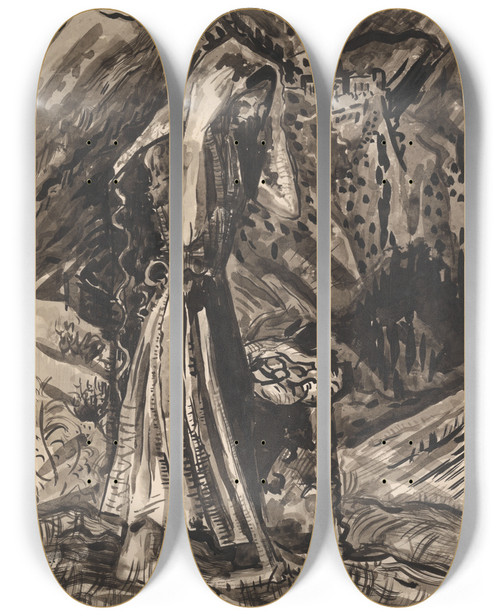 Triptych art skateboard deck of Arnold Peter Weiszkubnan Standing Woman With A Bag Of Potatoes_1 by Arnold Peter Weisz-Kubnan (1898-1944)