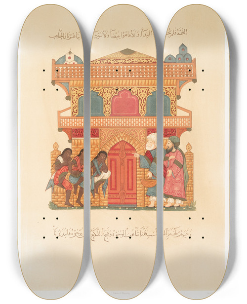 Triptych art skateboard deck of Mile Prisse Davennes Un Chalet Illustrations Des Sances De Hariry Xiiie Sicle by mile Prisse d'Avennes (1807-1879)