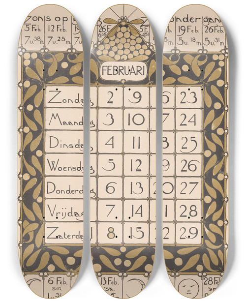 Triptych art skateboard deck of Theo Nieuwenhuis Kalenderblad Voor Februari 1896 by Theo Nieuwenhuis (1866-1951)