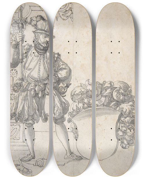 Triptych art skateboard deck of Hans Jakob Plepp Design For Stained Glass A Halbardier By An Unfinished Coat Of Arms by Hans Jakob Plepp (1576-1595)