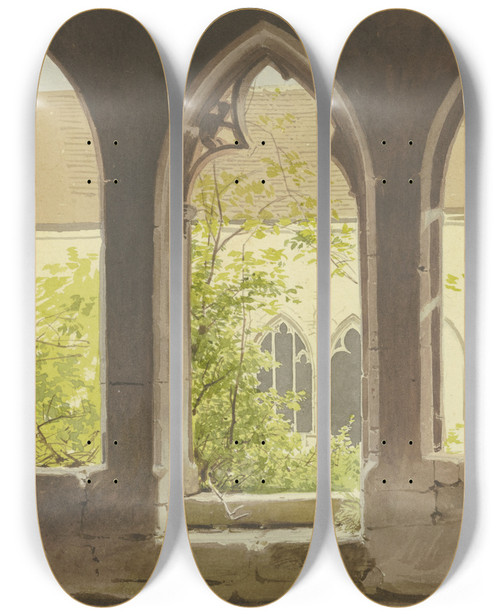 Triptych art skateboard deck of Carl Theodor Reiffenstein Blick Aus Dem Kreuzgang In Den Zugewachsenen Klosterhof Der Stiftskirche St Peter Und Paul In Bad Wimpfen by Carl Theodor Reiffenstein (1820-1893)