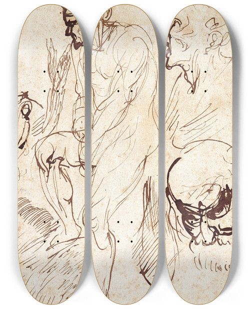 Triptych art skateboard deck of Jan Lievens Studies After The Model by Jan Lievens (1607-1674)