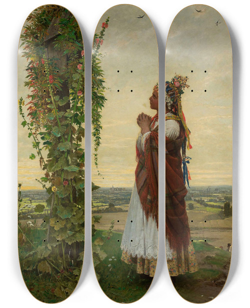 Triptych art skateboard deck of Antoni Kozakiewicz Village Girl At A Wayside Shrine by Antoni Kozakiewicz (1841-1929)