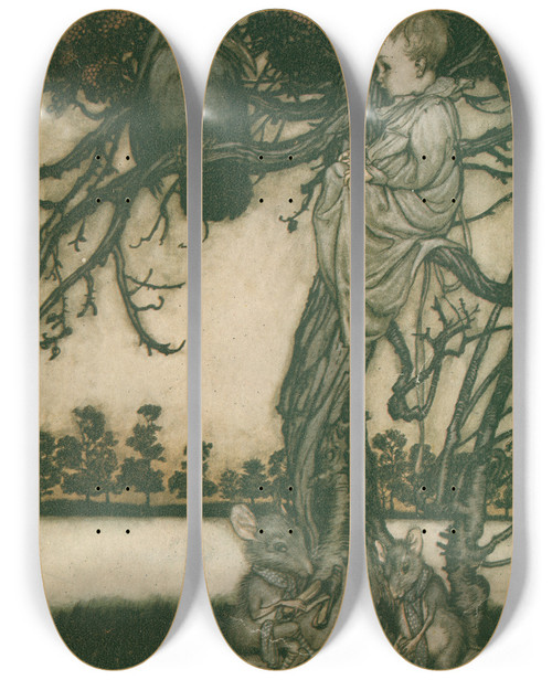 Triptych art skateboard deck of Arthur Rackham Put His Strange Case Before Old Solomon Caw by Arthur Rackham (1867-1939)