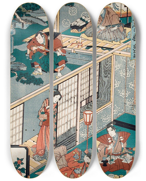 Triptych art skateboard deck of Utagawa Kunisada Toyokuni Iii Act Ii Wakasanosuke Watching Honz Wipe His Sword After Cutting A Pine Branch Konami Receiving Rikiya With Refreshment by Utagawa Kunisada (Toyokuni III) (1786-1865)