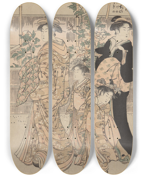 Triptych art skateboard deck of Torii Kiyonaga Peonies On Nakanoch Street In Yoshiwara Gay Quarters Nakanoch No Botan_1 by Torii Kiyonaga (1752-1815)