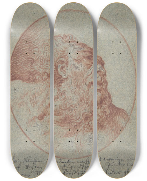 Triptych art skateboard deck of Mathais Fssli The Youngest Head Of A Bearded Man Looking Right by Mathais Fssli the Youngest (1671-1739)