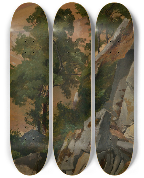 Triptych art skateboard deck of Edmund Kanoldt Felshang Mit Bumen Bei Olevano by Edmund Kanoldt (1845-1904)