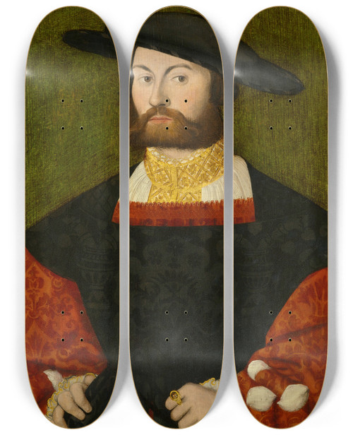 Triptych art skateboard deck of Hans Brosamer Portrait Of Sebald Haller Von Hallerstein by Hans Brosamer (1495-1554)