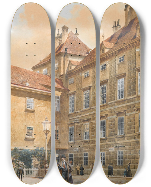 Triptych art skateboard deck of Richard Moser Eingang Zur Schauflergasse Wien by Richard Moser (1874-1924)