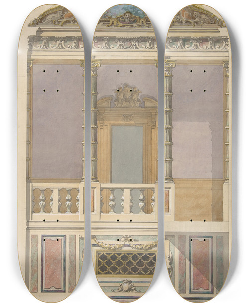 Triptych art skateboard deck of Julesedmondcharles Lachaise Elevation Of An Italianate Interior Including Steps And An Upper Loggia Decorated In Composite Columns by Jules-Edmond-Charles Lachaise (1897)