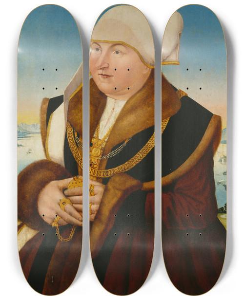 Triptych art skateboard deck of Conrad Faber Von Kreuznach Portrait Of A Lady From The Stralenberg Family by Conrad Faber Von Kreuznach (1490-1553)