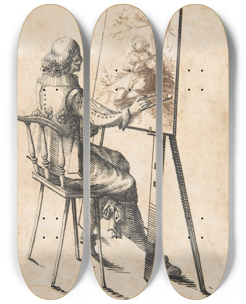 Triptych art skateboard deck of Hans Caspar Nscheler A Painter At His Easel by Hans Caspar Nuscheler (1615-1652)