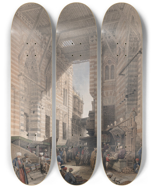 Triptych art skateboard deck of David Roberts Bazaar Of The Silk Mercers Cairo by David Roberts (1796-1864)