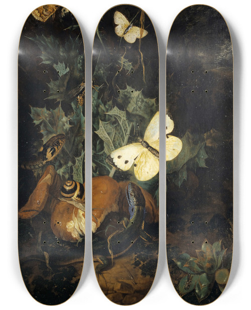 Triptych art skateboard deck of Carl Wilhelm De Hamilton Still Life With Butterflies Lizard And Snake by Carl Wilhelm De Hamilton (1668-1754)