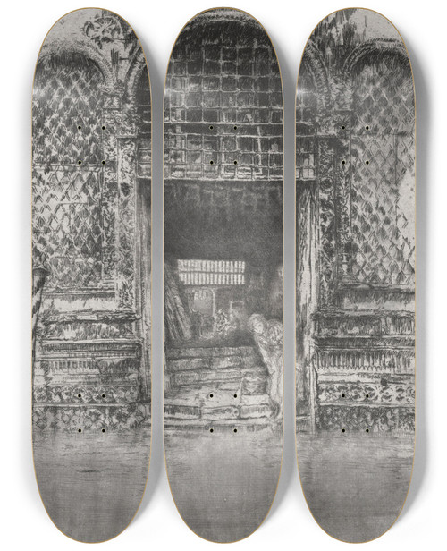 Triptych art skateboard deck of James Abbott Mcneill Whistler The Doorway From Venice A Series Of Twelve Etchings by James Abbott Mcneill Whistler (1834-1903)