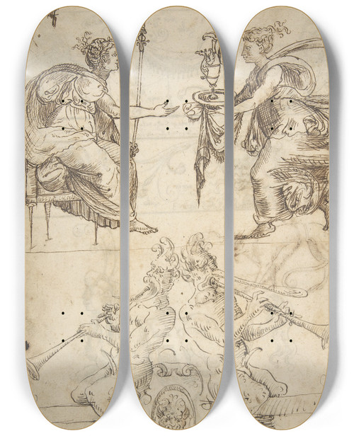 Triptych art skateboard deck of Andrs De Melgar Sheet With Multiple Designs Figurative Scene With Two Women Top And Two Satyrs Playing Horns Seated Back To Back Bottom by Andrs de Melgar (1554)