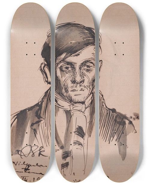 Triptych art skateboard deck of Akseli Gallenkallela Punakaartilainen Vanki by Akseli Gallen Kallela (1865-1931)