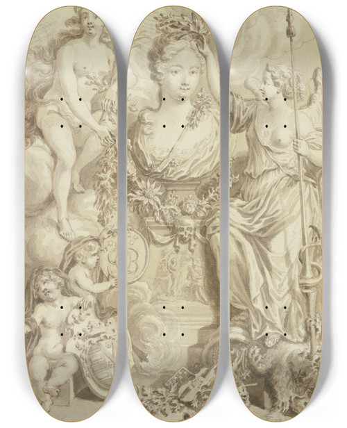 Triptych art skateboard deck of Simon Fokke Bste Einer Dame Von Der Wahrheit Gekrnt Neben Ihr Die Nackte Schnheit Mit Der Palme by Simon Fokke (1712-1784)