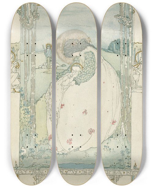 Triptych art skateboard deck of Jessie M King I Pray You Hear My Song Of A Nest by Jessie M King (1875-1949)