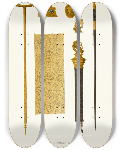 Triptych art skateboard deck of Fedor Grigoryevich Solntsev Tsarskie Posokhi I Zhezly 1 Posokh Tsaria Mikhaila Feodorovicha 2 Posokh Tsaritsy Evdokii Lukianovny by Fedor Grigoryevich Solntsev (1801-1892)