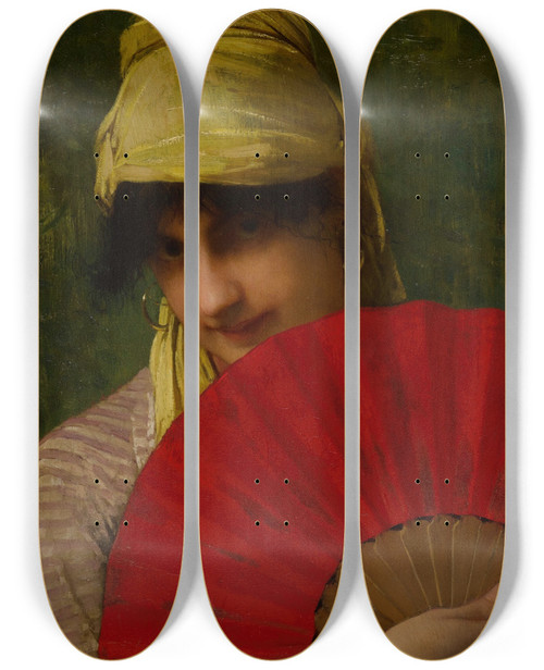 Triptych art skateboard deck of Jules Joseph Lefebvre The Red Fan by Jules Joseph Lefebvre (1836-1911)