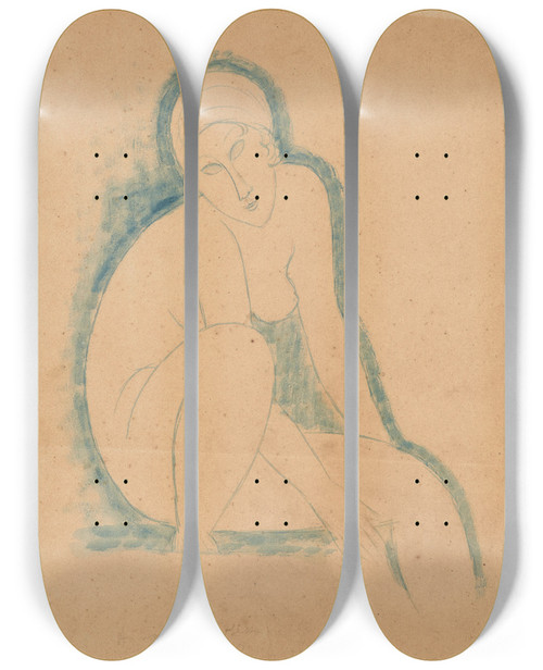 Triptych art skateboard deck of Amedeo Modigliani Nudo Seduto by Amedeo Modigliani (1884-1920)