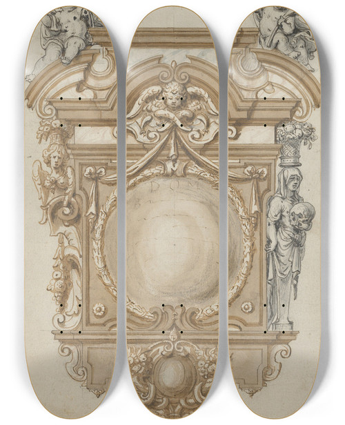 Triptych art skateboard deck of Abraham Van Diepenbeeck Design For An Epitaph With A Variant Flanked By Terms And Surmounted By Statues Of Cherubs by Abraham Van Diepenbeeck (1596-1675)