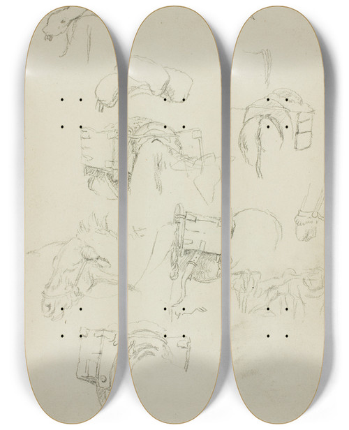Triptych art skateboard deck of Charles Emile Jacque Sheet Of Sketches Details Of A Donkey And Accoutrements by Charles Emile Jacque (1813-1894)