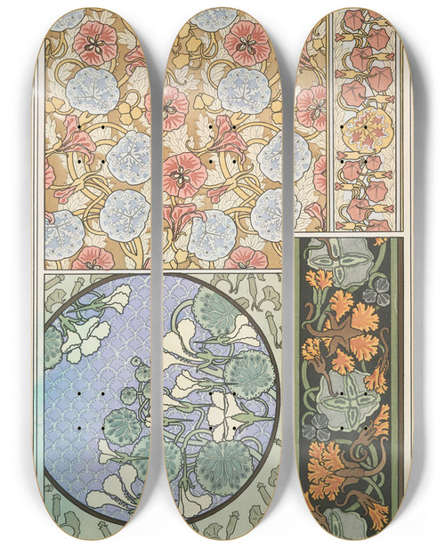 Triptych art skateboard deck of Maurice Pillard Verneuil Capucine 3 by Maurice Pillard Verneuil (1869-1942)