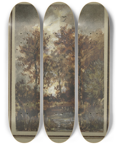 Triptych art skateboard deck of Jakob Maurer Autumn Scenery With A Brook by Jakob Maurer (1826-1887)