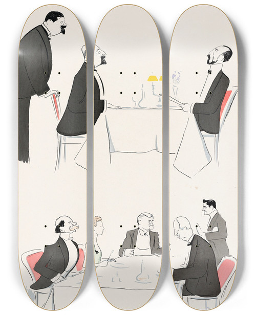 Triptych art skateboard deck of Georges Goursat Sem A Lhotel De Paris Two Tables One With Grand Duke Nicholas The Other With Princess Hohelohe From Monte Carlo by Georges Goursat (Sem) (1863-1934)