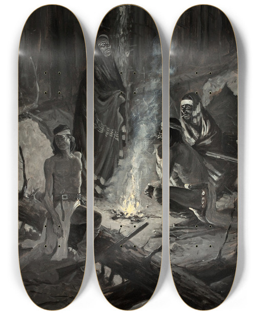 Triptych art skateboard deck of Frederic Remington Apache Signal Fire by Frederic Remington (1861-1909)