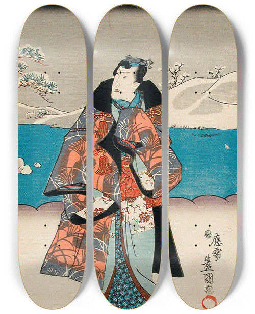 Triptych art skateboard deck of Utagawa Kunisada Toyokuni Iii Fashionable Man Viewing The Snow by Utagawa Kunisada (Toyokuni III) (1786-1865)