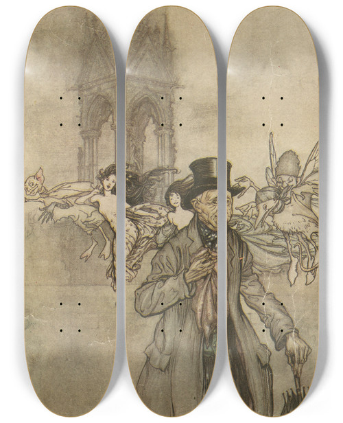 Triptych art skateboard deck of Arthur Rackham Old Mr Salford Was A Crabapple Of An Old Gentleman Who Wandered All Day In The Gardens by Arthur Rackham (1867-1939)