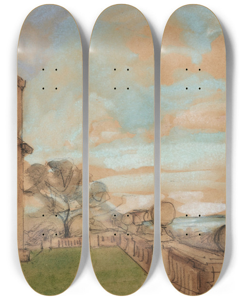 Triptych art skateboard deck of Sir William Eden View Of Windlestone Hall by Sir William Eden (1849-1915)