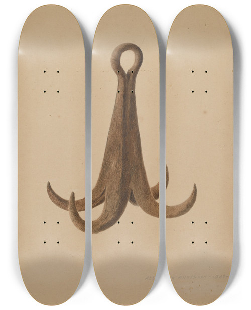 Triptych art skateboard deck of Alexander Anderson Grappling Hooks by Alexander Anderson