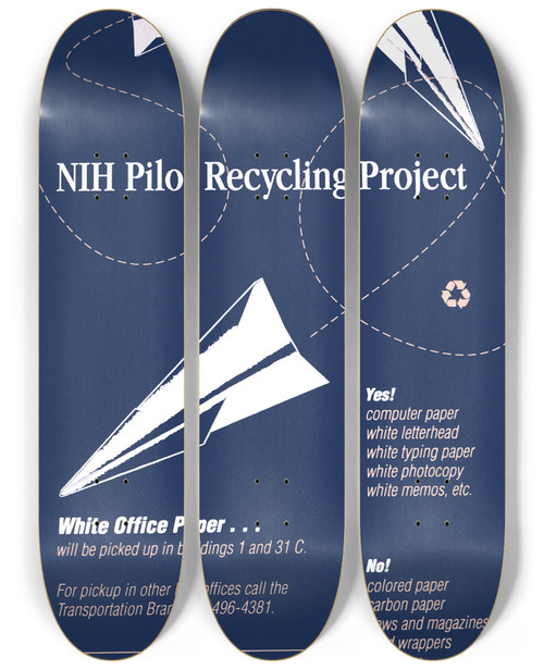 Triptych art skateboard deck of National Institutes Of Health Nih Pilot Recycling Project Ii by National Institutes Of Health (1887)